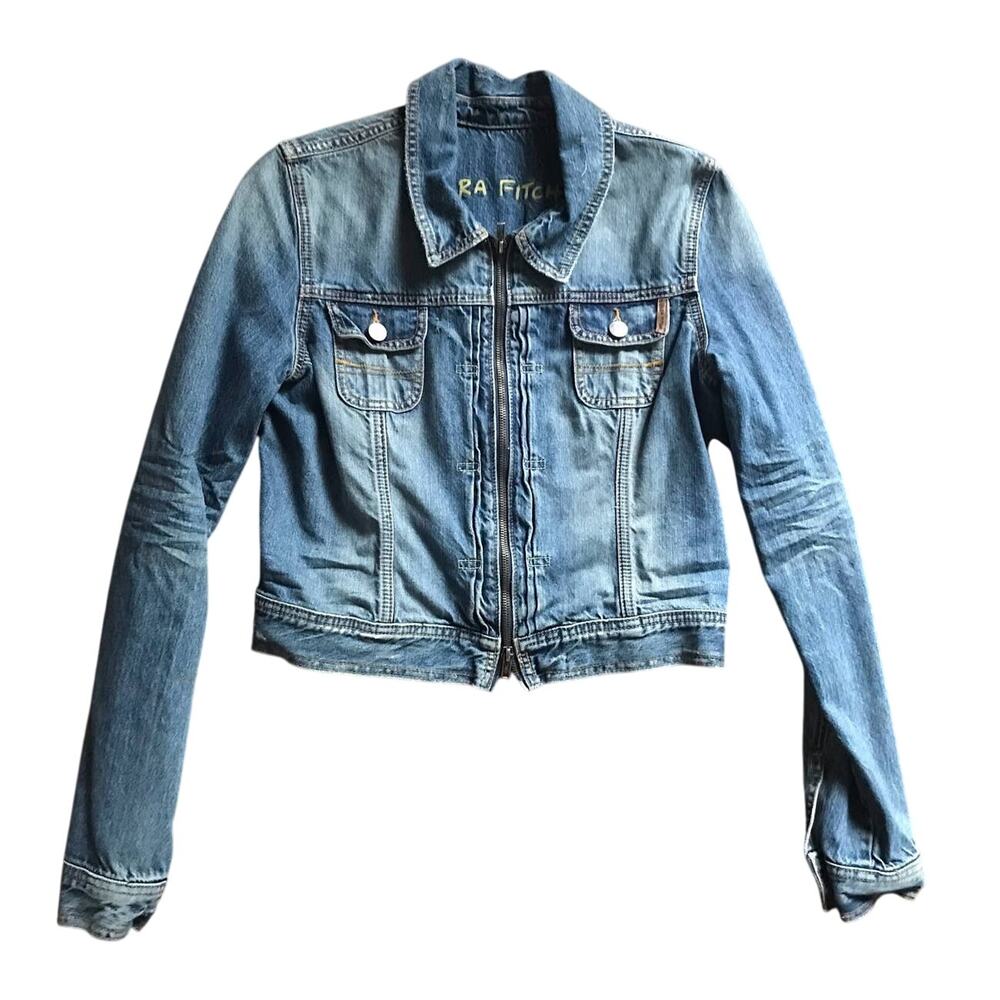 Ezra Fitch Vintage Medium Wash Zip Front Cropped Jean Jacket Womens L